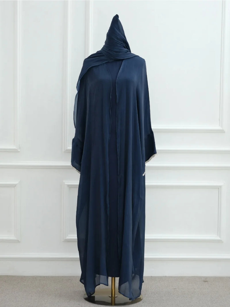 Abaya Scarf Dress 3 Piece Set for Women Cardigan Ramadan Beading Sleeve Dubai Jalabiya Kaftan Vestidos Arab Robe 2025