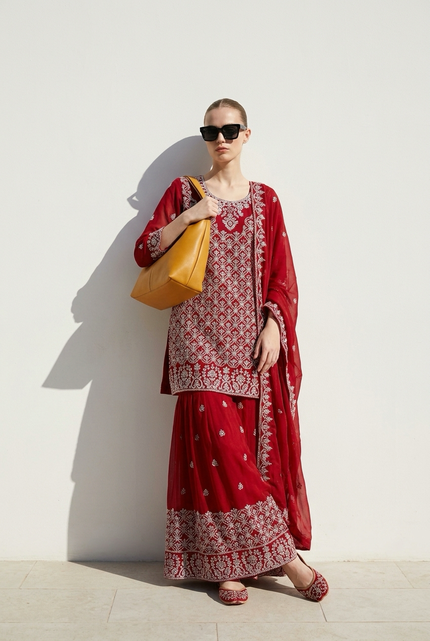 3-Piece  Embroidered stitched Salwar Kameez with Flared Sharara Pants | TPS04 - Raakaat