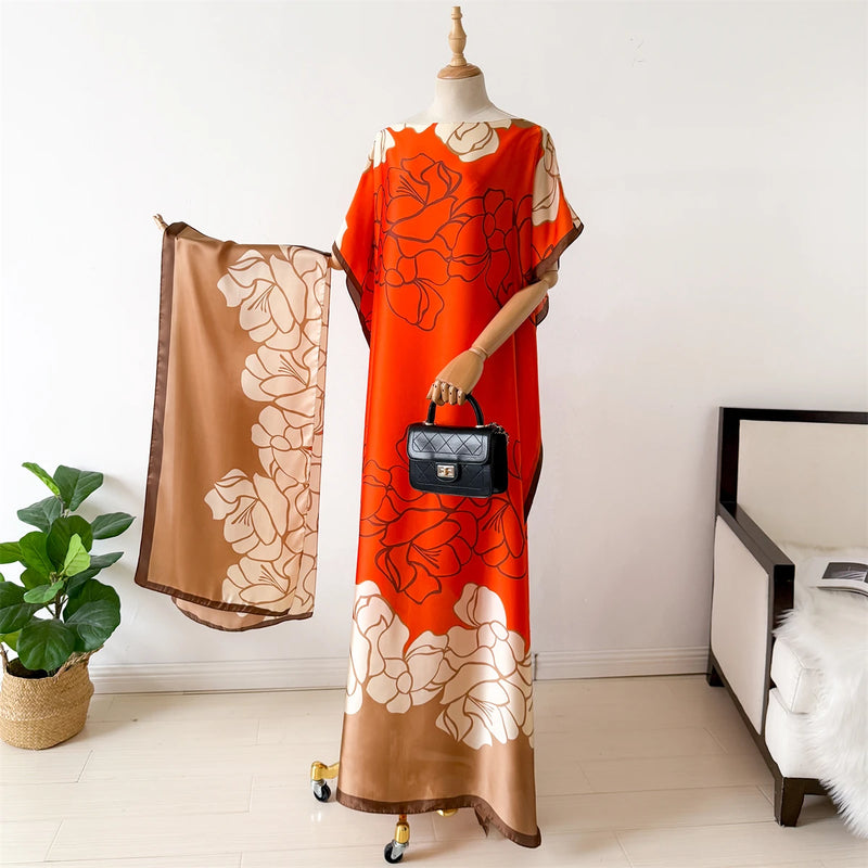 NEW Fashion Summer Dress With Big Scarf Dubai Turkey Kaftan Muslim Loose Abaya Women African Casual Maxi Peacock Shawl Robe