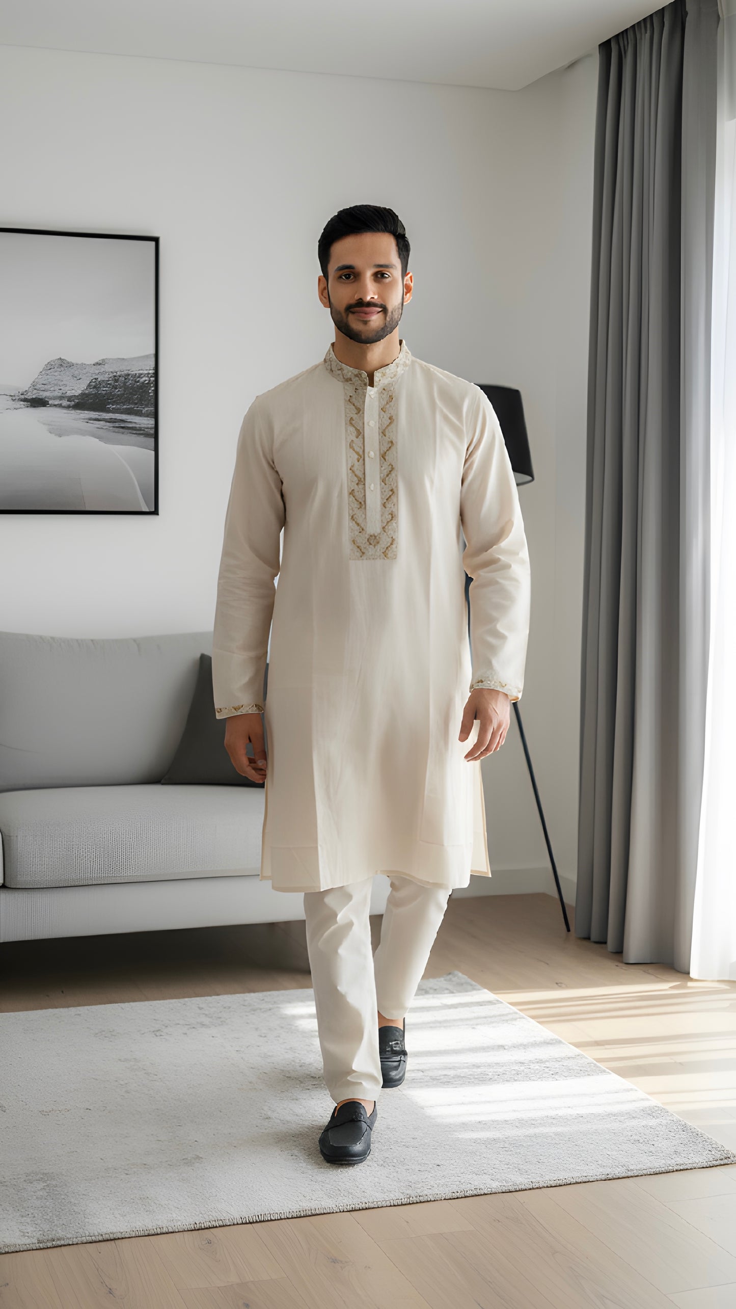 Elegant Cream Embroidered Panjabi | P0030| 201 - Raakaat