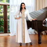 White Dress with Belt Women Muslim Eid Abaya Gold Lace Trim Party Gown Sleeveless Bottom Underskirt Saudi Arab Jalabiya Kaftan