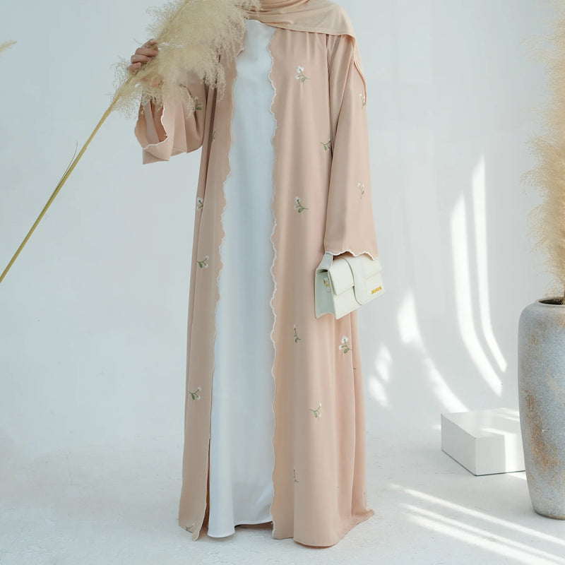 New Fashion Nida Dubai Abaya Ladies Floral Embroidered Kimono Style Muslim Dress Breathable Cotton Autumn Clothing
