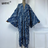 WINYI Kimono Washed jacquard denim with spliced raw edge Cardigan maxi Dress elegant Party Swimming beach Cover Up dress abaya