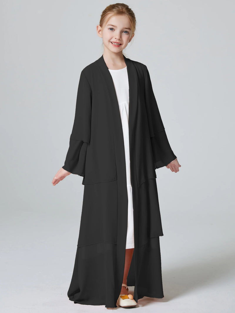 Kebaya Muslim Girls Abaya 3 Layered Chiffon Kids Abaya Dress Open Front   Outerwear (Without Hijab)