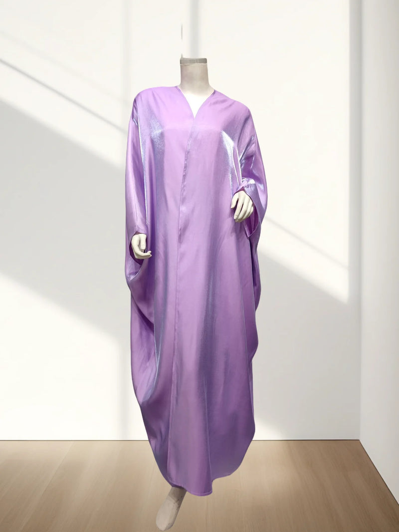 Hot sale Summer Women Islamic Clothing Shinny Polyester Thin Fabric Puff Sleeves Dubai Open Abaya for Muslim Women