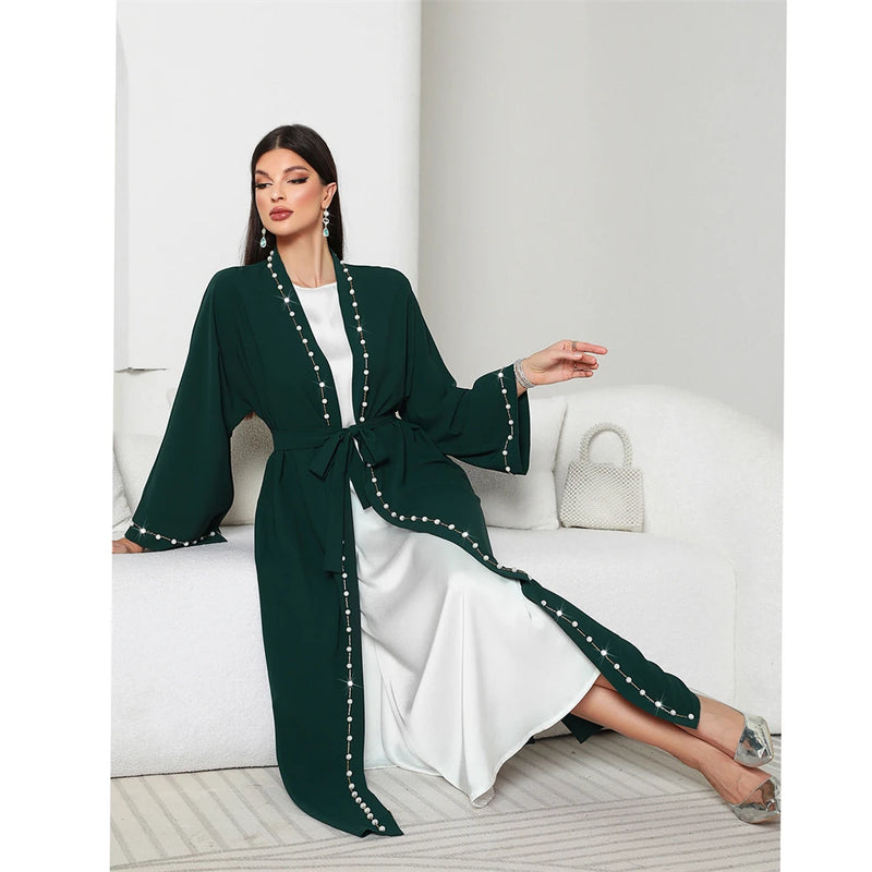 Eid Mubarak Djellaba Femme Longue Musulmane Open Abaya Dubai Turkey Kaftan Muslim Women Beaded Maxi Dress Kimono Jalabiya Robe
