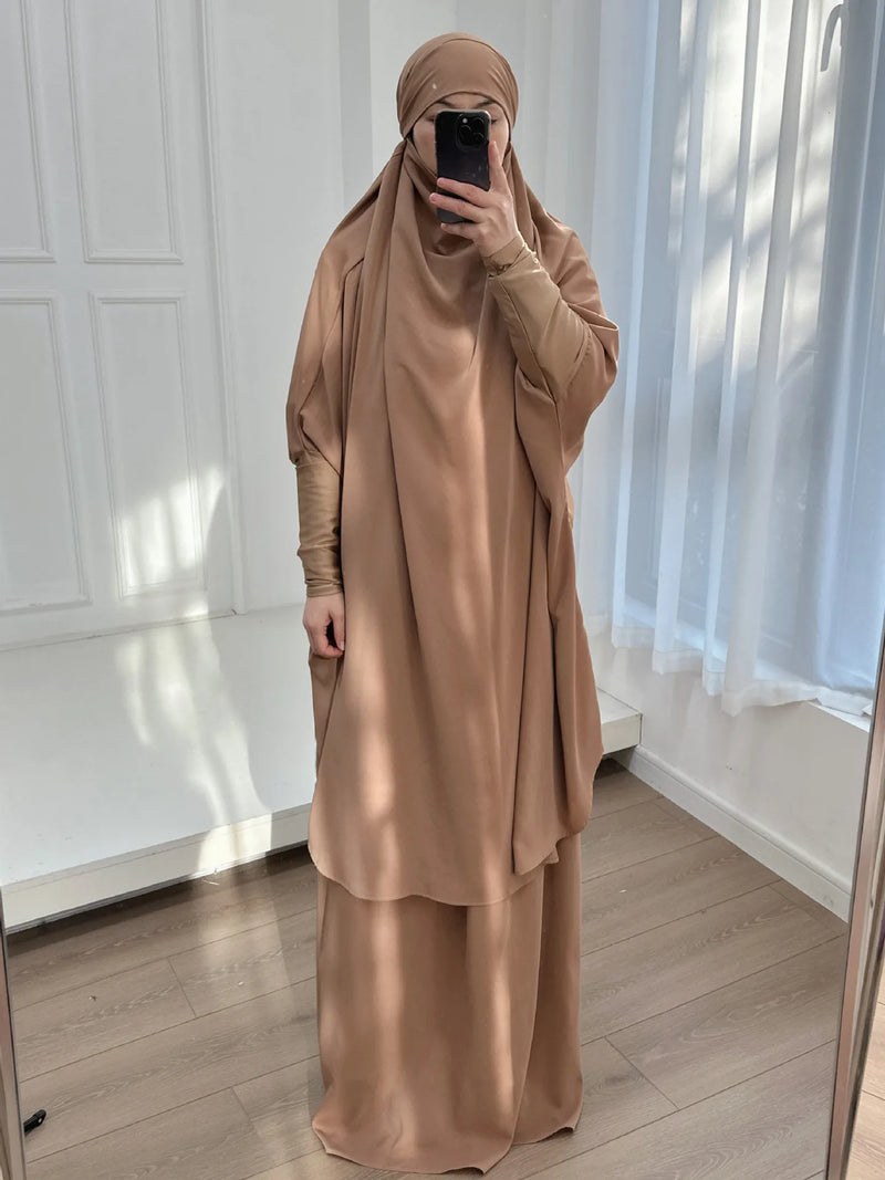 2 Piece Set Hooded Abayas and Skirt for Muslim Women Hijab Dresses Eid Ramadam Prayer Garment Islamic Clothing Pink Black