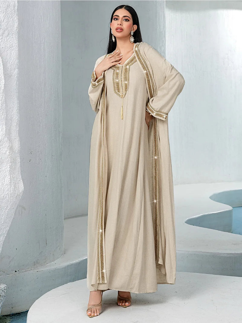 Women Abaya 2 Piece Set Diamond Party Long Dresses Muslim Caftan Robe Jalabiya Ramadan Kaftan 2025 Vestidos Largos
