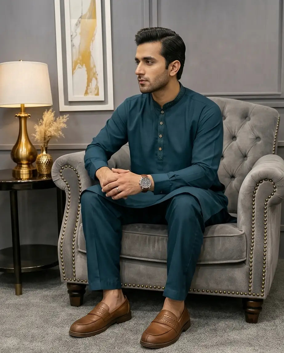 Men's Teal Blue Detailed Formal Kurta Pajama Set | BL6 - Raakaat