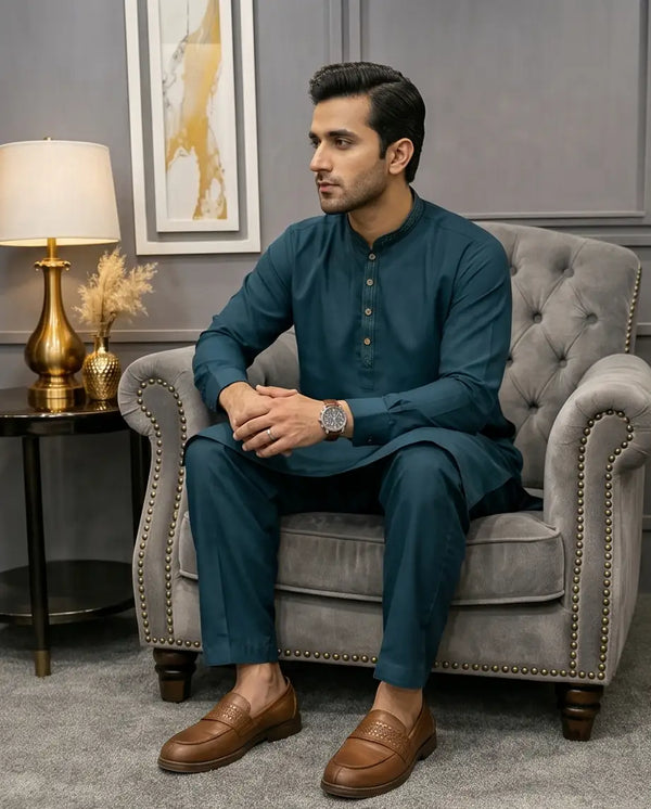 Men's Teal Blue Detailed Formal Kurta Pajama Set | BL6 - Raakaat