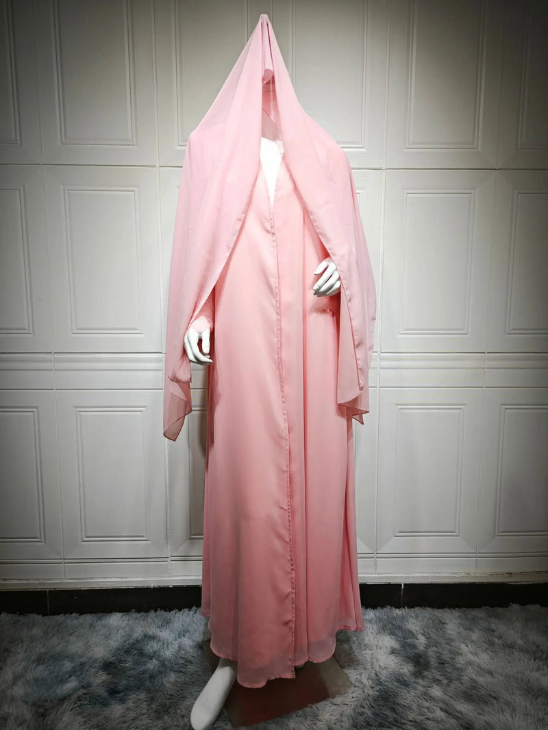 Dubai Pink Chiffon Open Abaya with Hijab included Loose Sleeve Muslim Cardigan Moroccan Caftan for Women