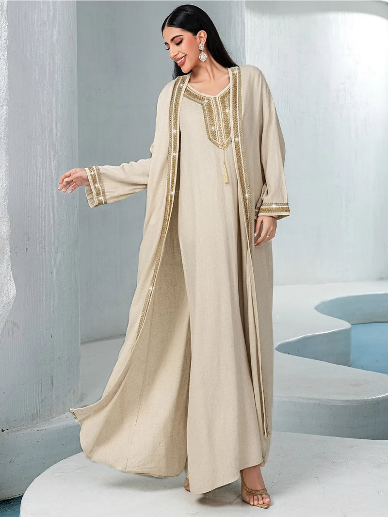 Women Abaya 2 Piece Set Diamond Party Long Dresses Muslim Caftan Robe Jalabiya Ramadan Kaftan 2025 Vestidos Largos