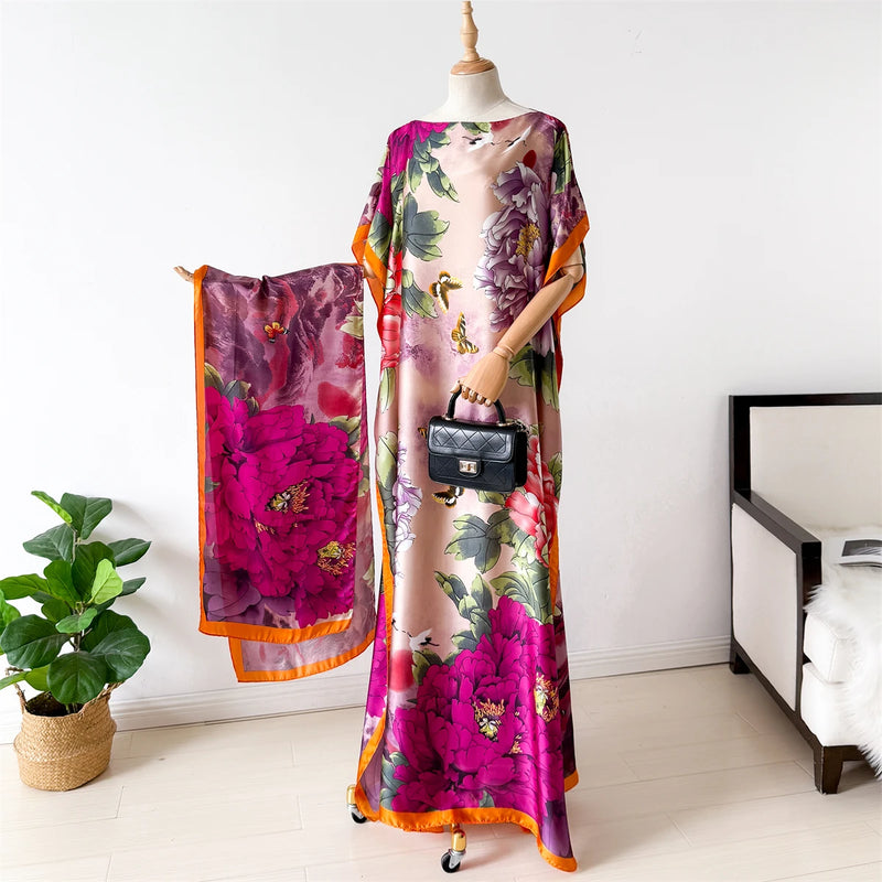 NEW Fashion Summer Dress With Big Scarf Dubai Turkey Kaftan Muslim Loose Abaya Women African Casual Maxi Peacock Shawl Robe