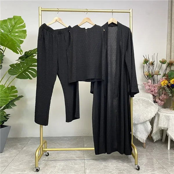 3 Piece Set Eid Muslim Dress Women Open Abaya Kaftan Dubai Kaftan Tops Pants Turkey Islam Kimono Robe Femme Musulmane Ensembles
