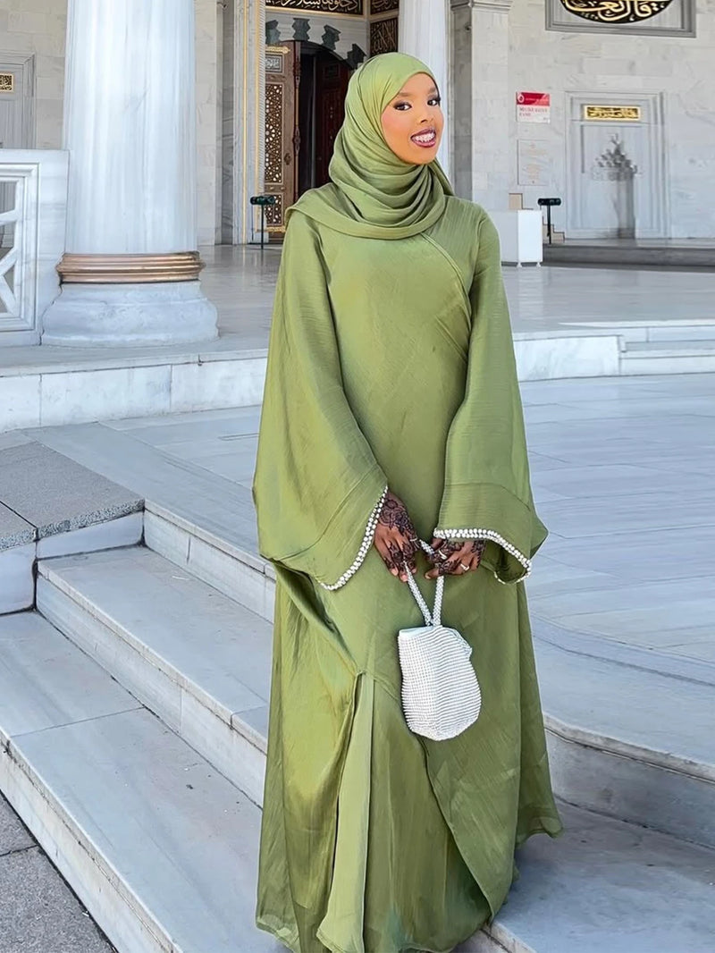 Abaya Scarf Dress 3 Piece Set for Women Cardigan Ramadan Beading Sleeve Dubai Jalabiya Kaftan Vestidos Arab Robe 2025