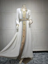 White Dress with Belt Women Muslim Eid Abaya Gold Lace Trim Party Gown Sleeveless Bottom Underskirt Saudi Arab Jalabiya Kaftan