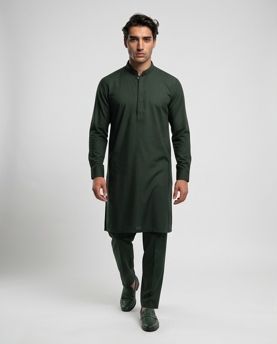 Premium Bottle Green Pakistani Men's Salwar Kameez - Luxury Cotton Suite | SK04 - Raakaat
