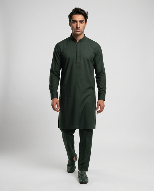 Premium Bottle Green Pakistani Men's Salwar Kameez - Luxury Cotton Suite | SK04 - Raakaat