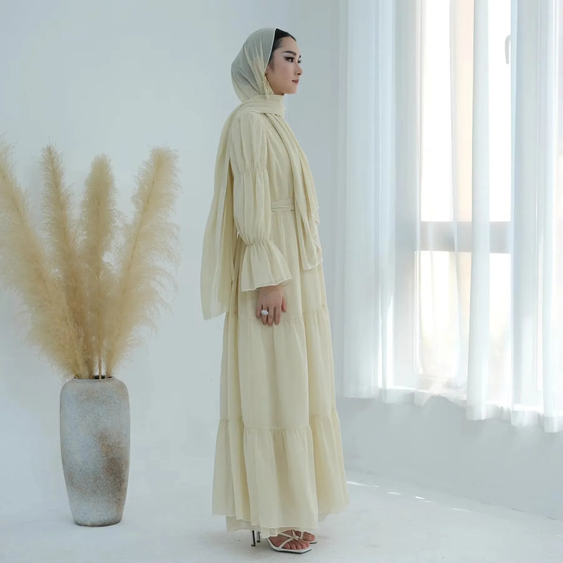 Chiffon Sheer Open Abaya Set Hijabi Muslim Women Party Ramadan Islamic Clothing  Dubai Turkey Kaftan Crepe Kimono Open Abayas