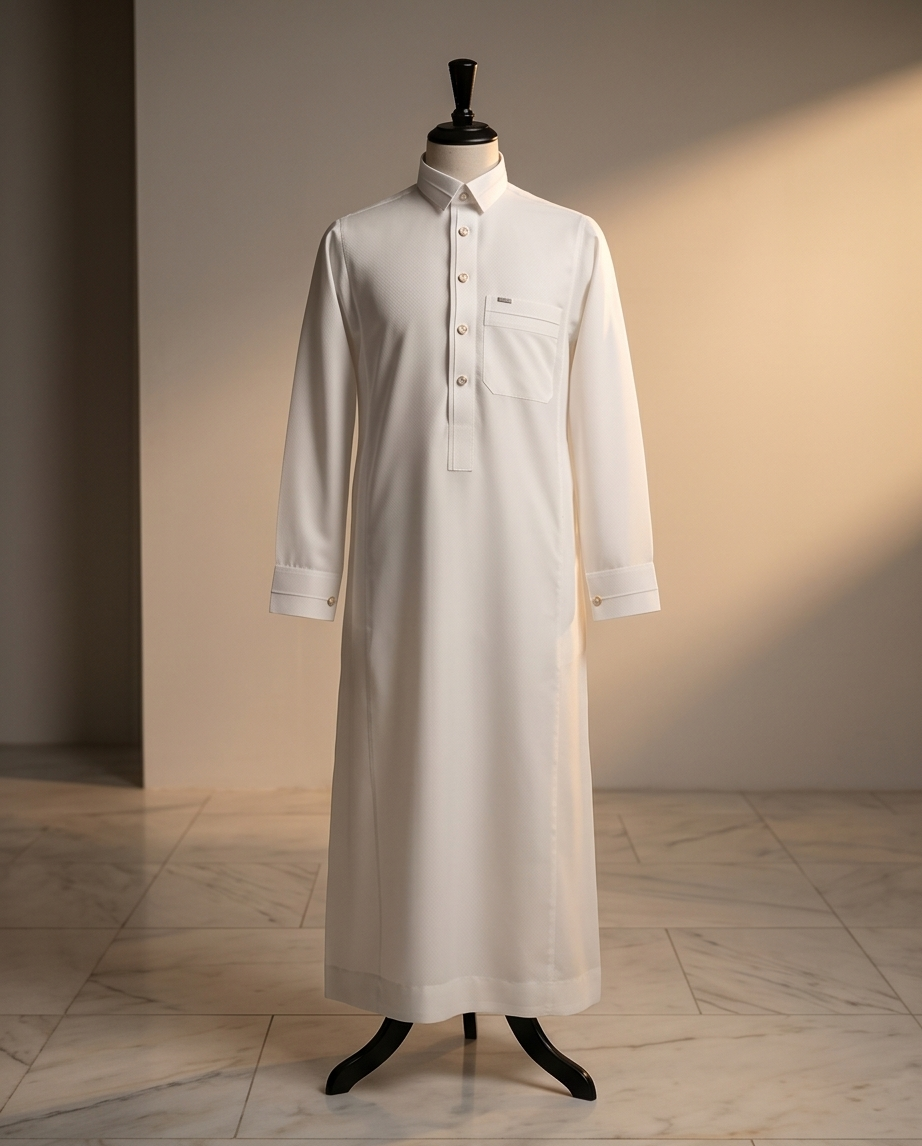 Designer Cream Micro-Pattern Thobe – Modern Fit Islamic Robe for Men - Raakaat