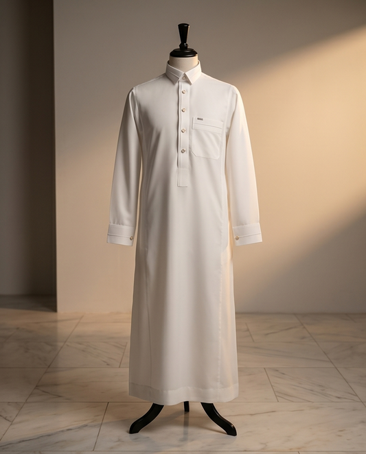 Designer Cream Micro-Pattern Thobe – Modern Fit Islamic Robe for Men - Raakaat