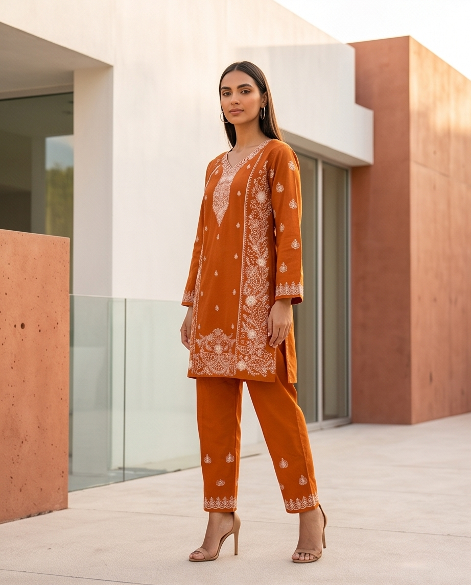 Elegant Rust Brown Embroidered Cotton Kurti Set | TPS07 - Raakaat