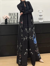 Miyake Pleated Abaya Trench Cardigans Printed Long Sleeve Turn-down Collar Dress Women 2025 Original Designer Caftan Long Coats