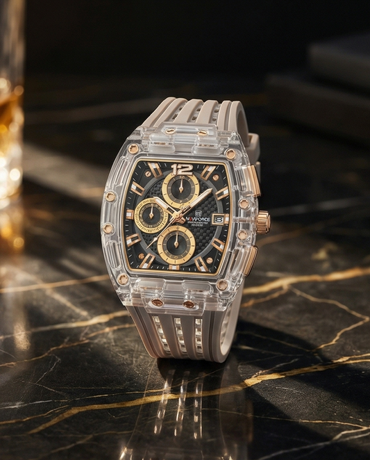 W10-Naviforce Luxury Chronograph Watch with Transparent Case and Black Dial - Raakaat