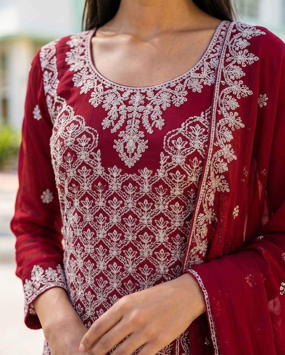 3-Piece  Embroidered stitched Salwar Kameez with Flared Sharara Pants | TPS04 - Raakaat
