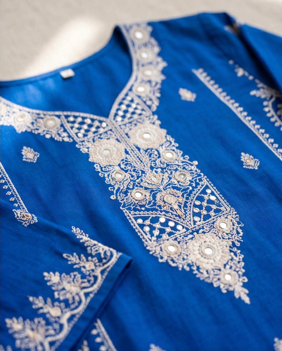 Striking Sky Blue Embroidered Cotton Kurti Set | TPS06 - Raakaat
