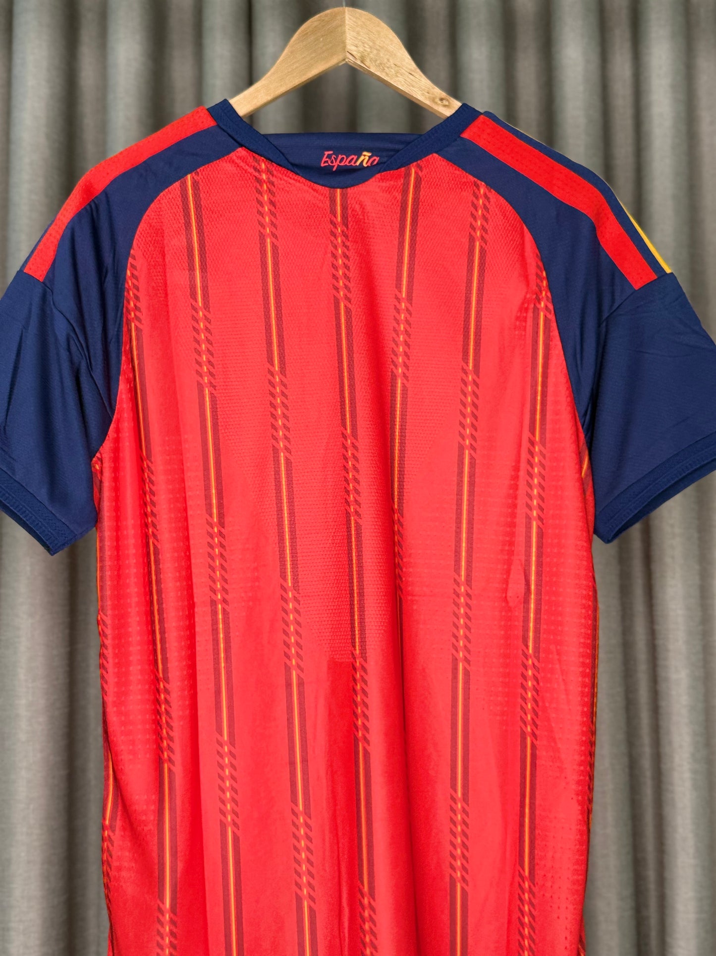 Spain Home Jersey – Red & Navy Gold-Pinstripe 1-Star National Football Shirt