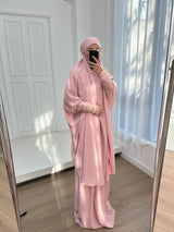 2 Piece Set Hooded Abayas and Skirt for Muslim Women Hijab Dresses Eid Ramadam Prayer Garment Islamic Clothing Pink Black