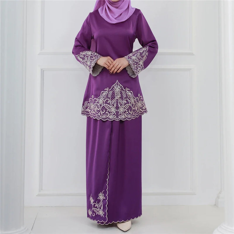 2Pcs Women Muslim Sets Dubai Outfits Islam Clothes Tops Skirts Abaya Dress Malaysia Baju Kurung Suit Femme Musulmane Ensembles