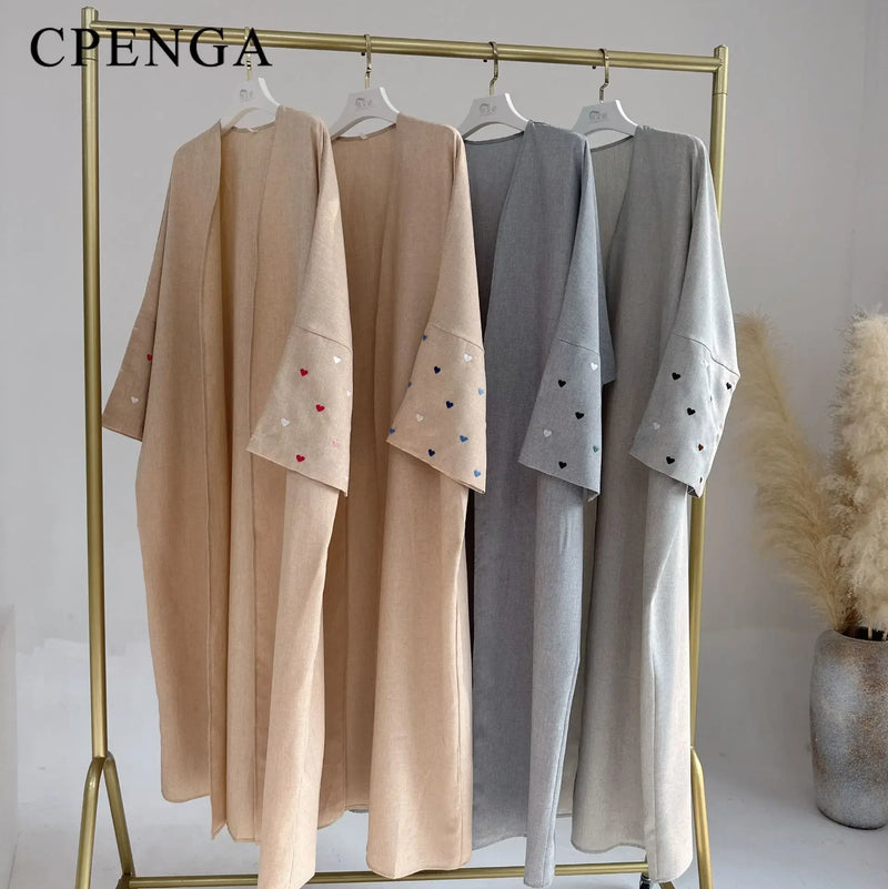 Saudi Heart Embroidery Open Abaya for Women Dubai 2024 New Plain Kimono Muslim Türkiye Elegant Cardigan Gown Islam Clothing