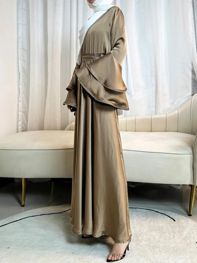 Flare Sleeve Dress for Women Abaya Muslim Women 3 Piece Set Dresses Sashes Scarf Vestidos Jalabiya Arab Robe Ramadan 2025