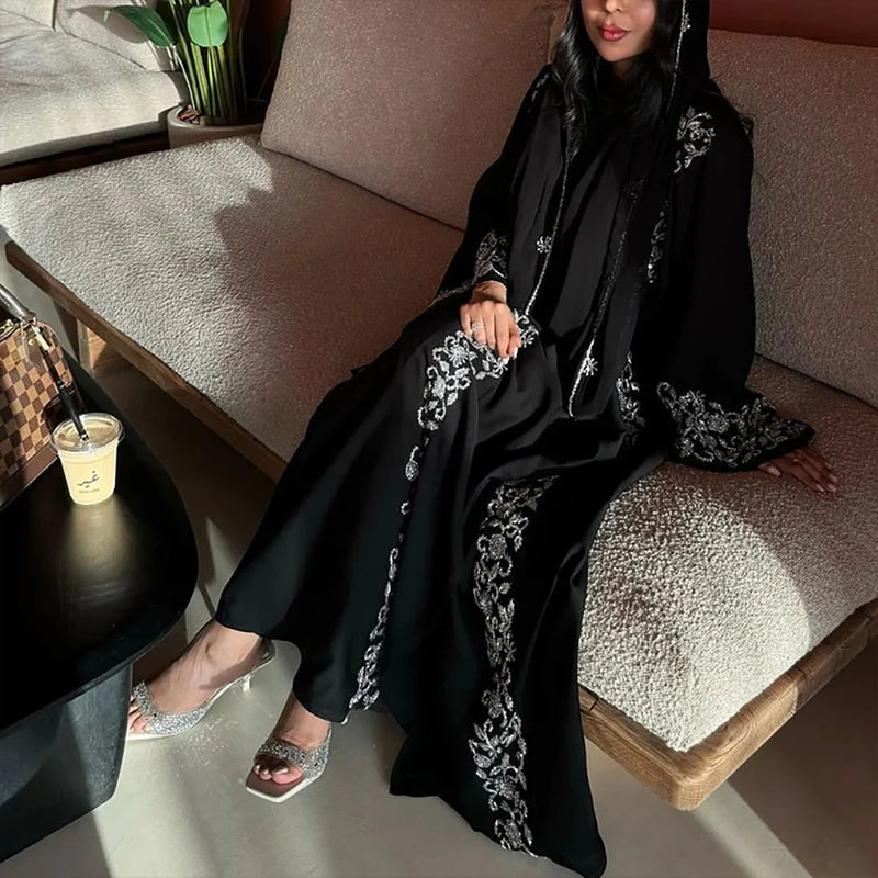 Luxury Ramadan Black Abaya 2025 Open Abaya Eid Gold Embroidery Design Long Sleeve Dubai Abaya Women Muslim Dress