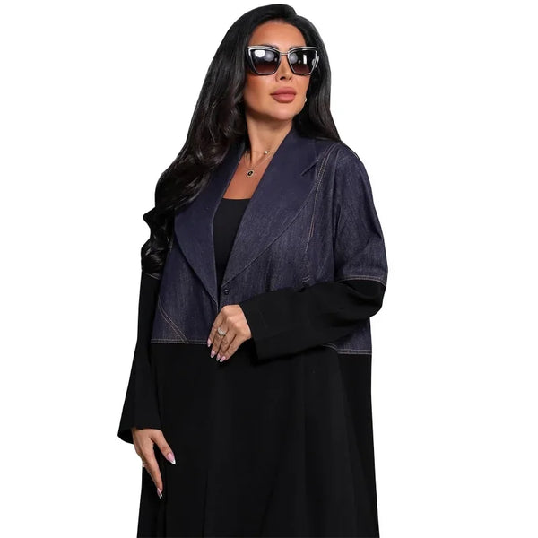Robe Denim Splicing Jacket Dubai Fashion Women's Muslim Middle East Abaya Jacket Robe Abaya Coat