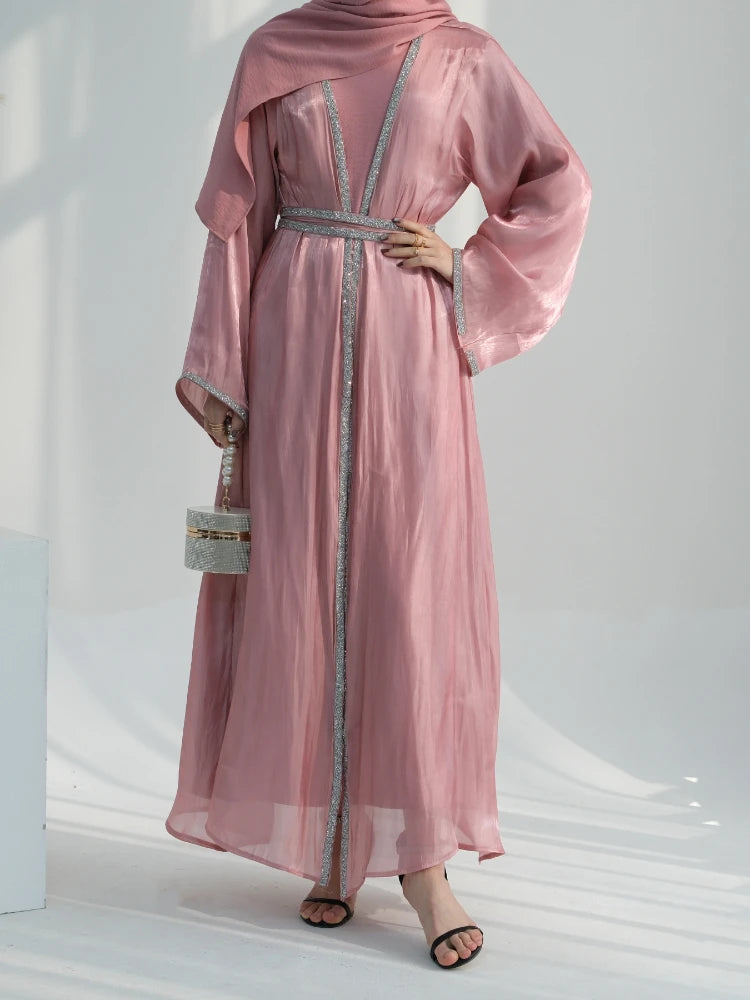 Muslim Abaya for Women Eid Dress 2 Piece Set Diamond Morocco Ramadan Lace-up Abayas Kaftan Islam Cardigan Dubai Arab Long Robe