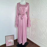 Muslim Abaya For Women Eid Dress 2 Piece Set Morocco Ramadan Satin Lace-up Abayas Kaftan Islam Cardigan Dubai Arab Long Robe