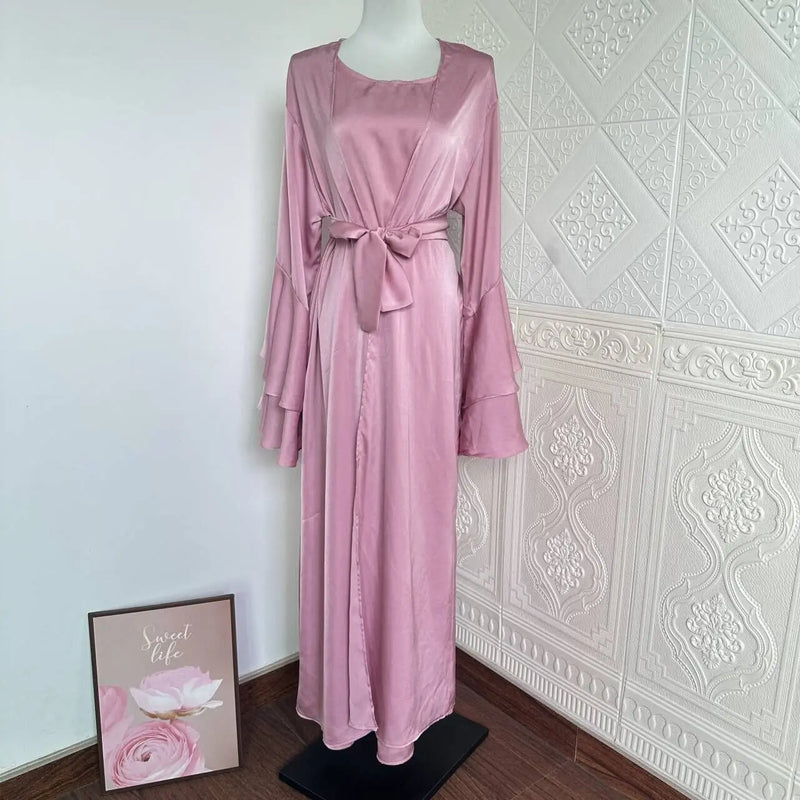 Muslim Abaya For Women Eid Dress 2 Piece Set Morocco Ramadan Satin Lace-up Abayas Kaftan Islam Cardigan Dubai Arab Long Robe