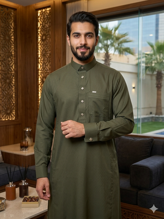 Men's Olive Green Textured Thobe – Premium Saudi Style Jubba with Geometric Buttons - Raakaat