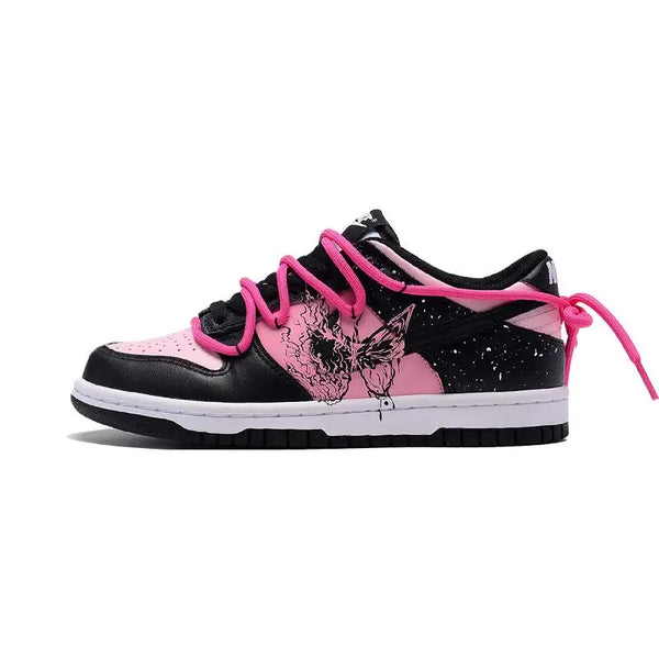 [Custom Black butterfly and pink]Nike Dunk Low Low-Top Skateboard Shoes GS Black Pink