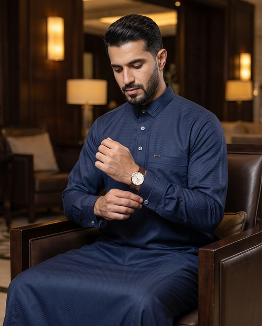 Men's Midnight Navy Textured Thobe – Premium Navy Blue Saudi Style Jubba - Raakaat