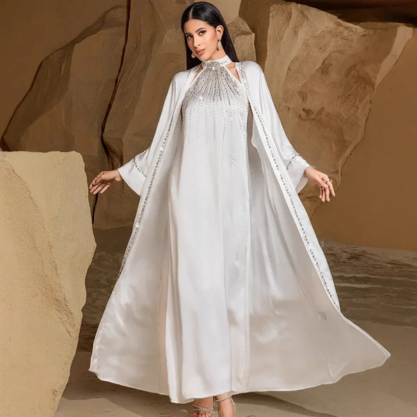 White Two Piece Set Muslim Women Kimono Abaya Dubai Kaftan Arab Robe Fashion Diamond Dress Evening Morocco Caftan Eid Ramadan