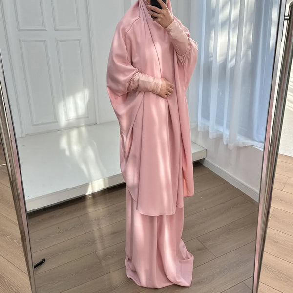 2 Piece Set Hooded Abayas and Skirt for Muslim Women Hijab Dresses Eid Ramadam Prayer Garment Islamic Clothing Pink Black