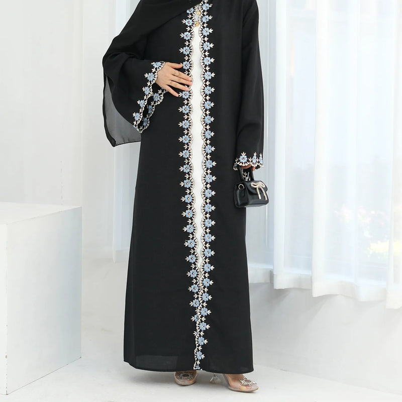 Flower Embroidery Abayas for Women Muslim Dress Dubai Open Abaya Turkey Kaftan Kebaya Caftan Marocain Femme Robe New