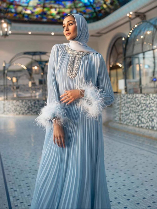 Abaya Women Dress Muslim Pleated Feather Dubai Vestidos Largos Long Dresses Kaftan Arab Robe Party Caftan Jalabiya Ramadan
