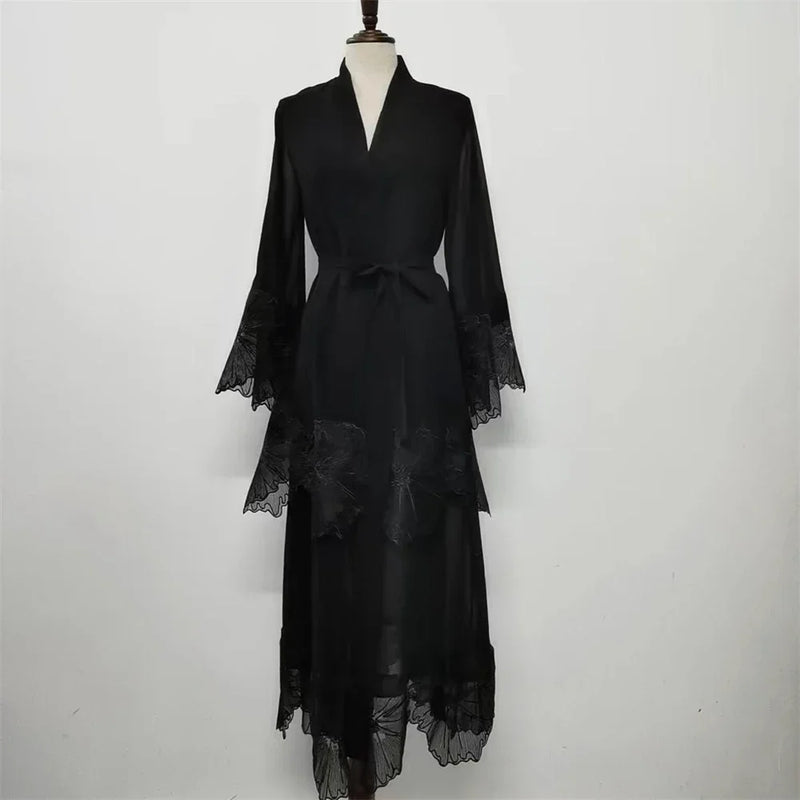 Muslim Women Embroidery Maxi Dress Eid Ramadan Kimono Cardigan Flower Abaya Dubai Turkey Kaftan Islamic Clothing Arab Robe Gown