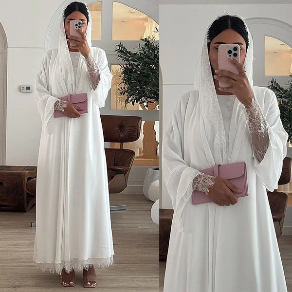 Chiffon Open Abaya Arabic White Cardigan Hijab 2 Piece Set Lace Trim Muslim Women Elegant Gowns Islam Long Dress Party Outfits