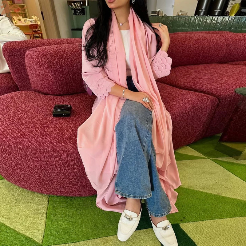 Dubai Pink Chiffon Open Abaya with Hijab included Loose Sleeve Muslim Cardigan Moroccan Caftan for Women